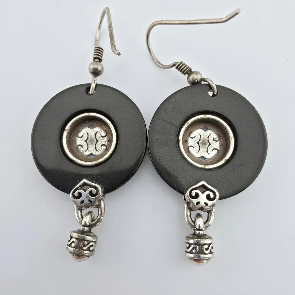 BRIGHTON 'Romano Shell' Earrings Mother Of Pearl Dangle Ornate Silver Plate 2